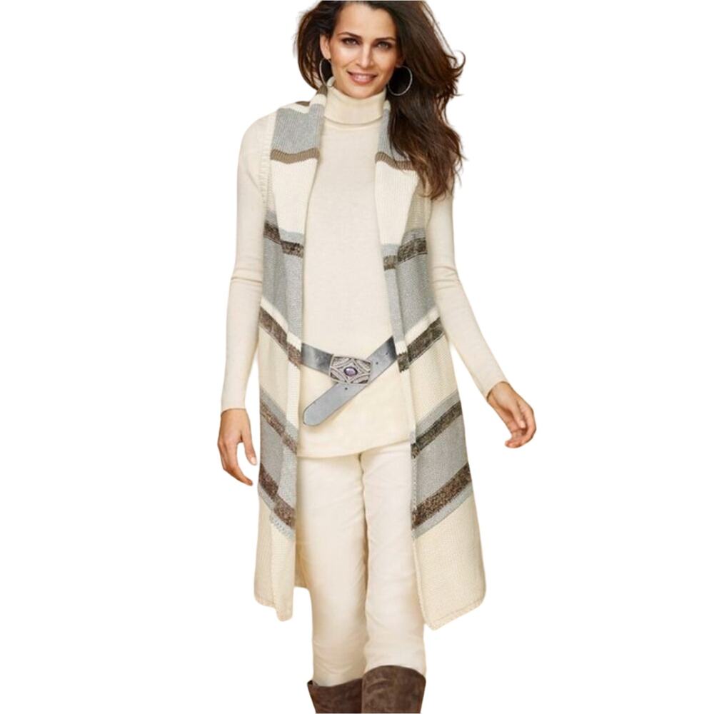 Chico's Duster Vest Calvi Striped Knit Sweater Cardigan Ivory Silver Metallic L